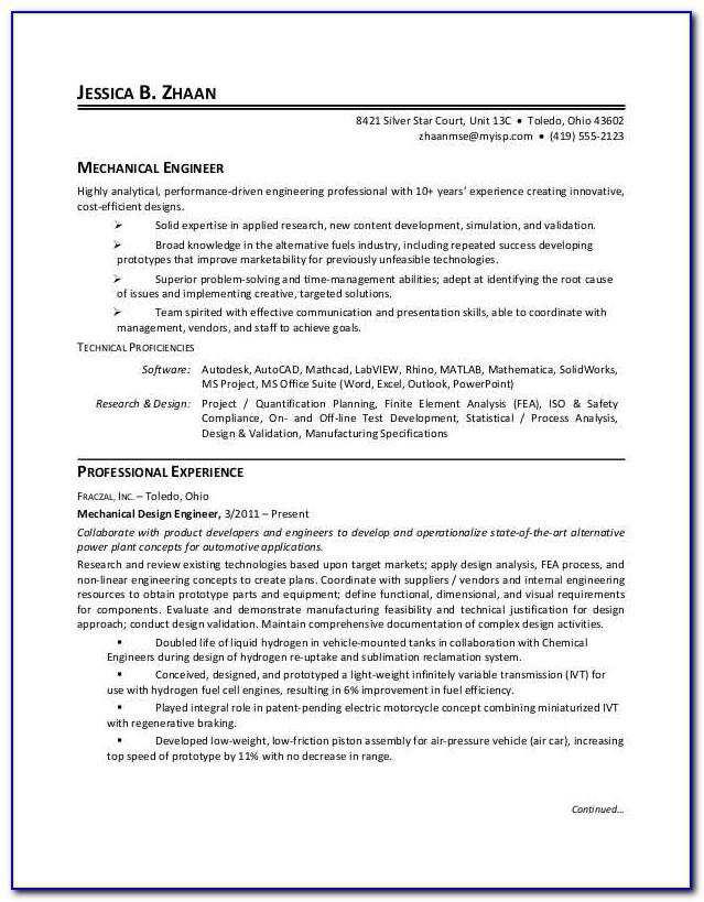 Mechanical Engineering Resume Sample Download