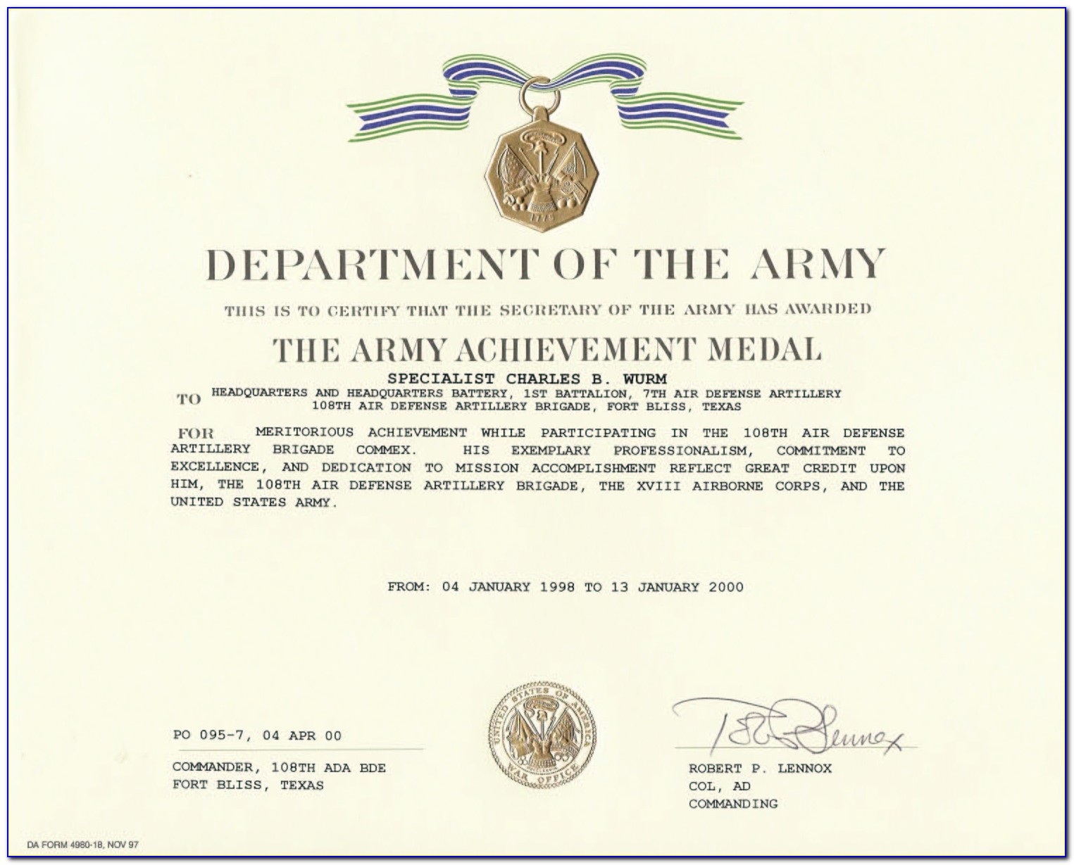 Military Award Certificate Template