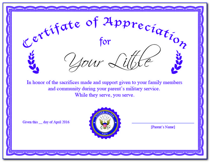 Military Child Certificate Of Appreciation Template
