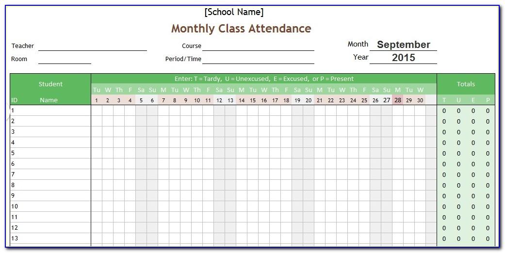 Monthly Attendance Record Sheet