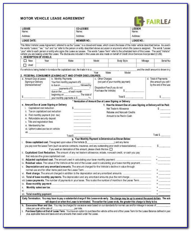 Motor Vehicle Lease Agreement Form