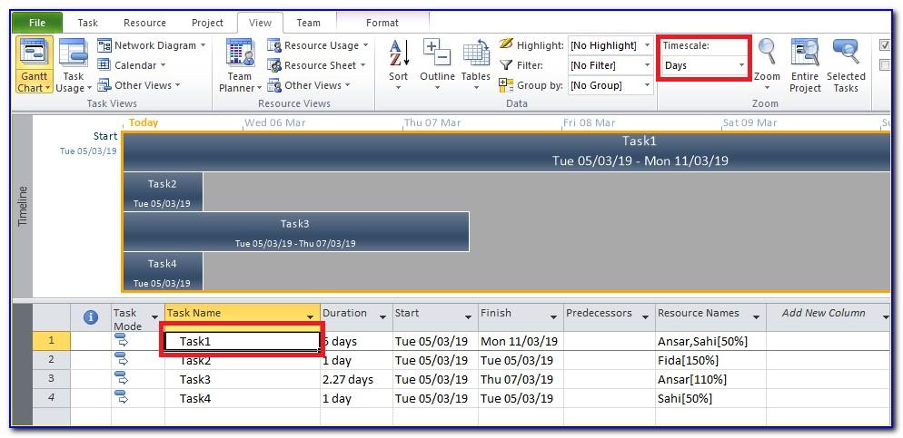 format timeline in ms project 2010