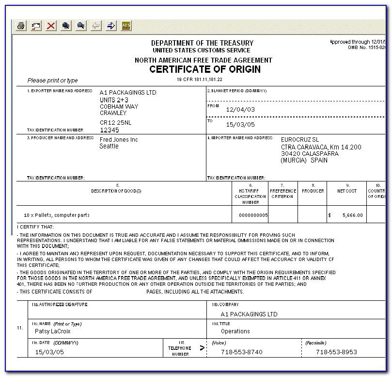 Nafta Certificate Of Origin Us Form
