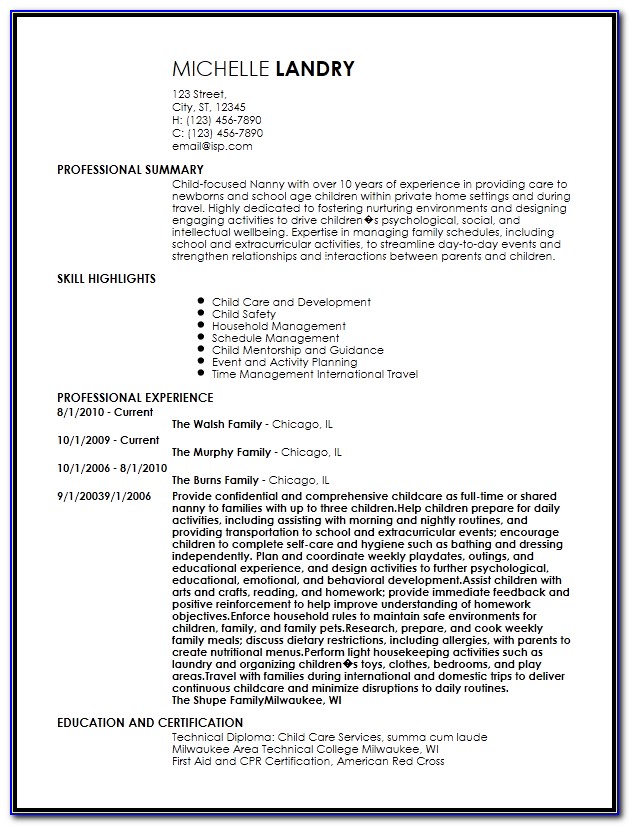 Nanny Resume Template Word