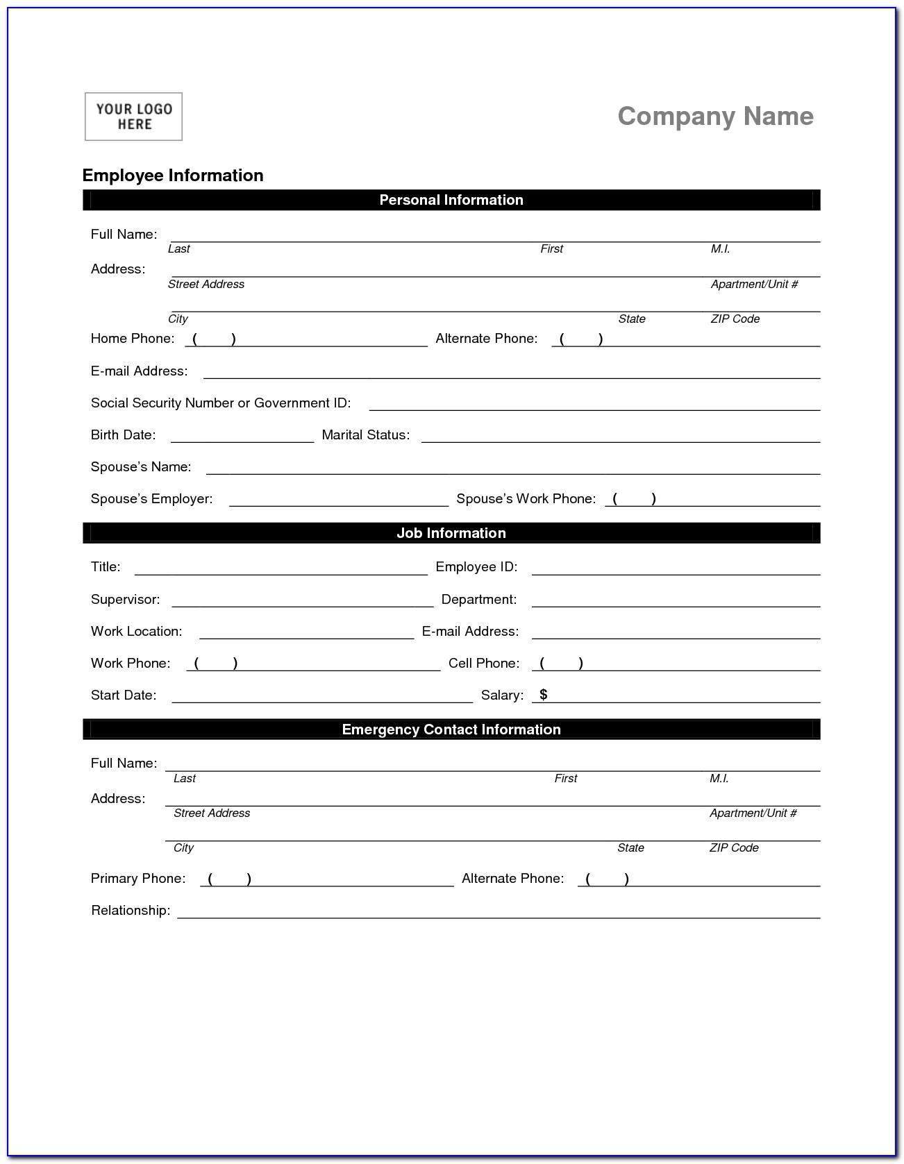 New Employee Form Template Free