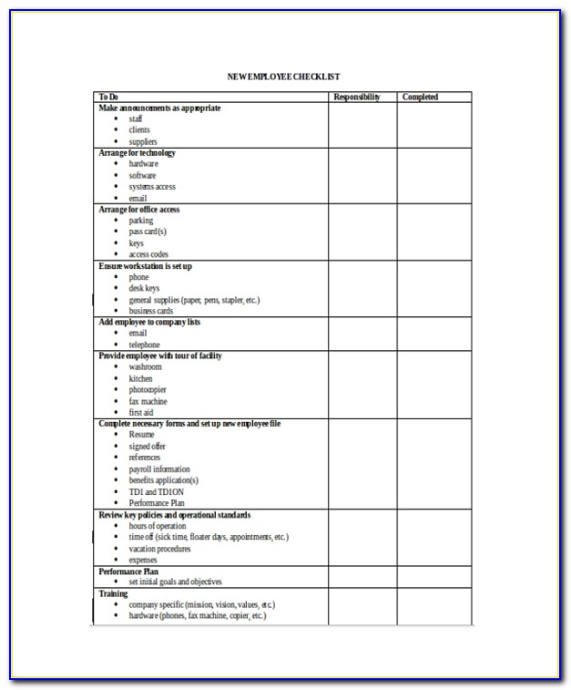 New Employee Orientation Checklist Example