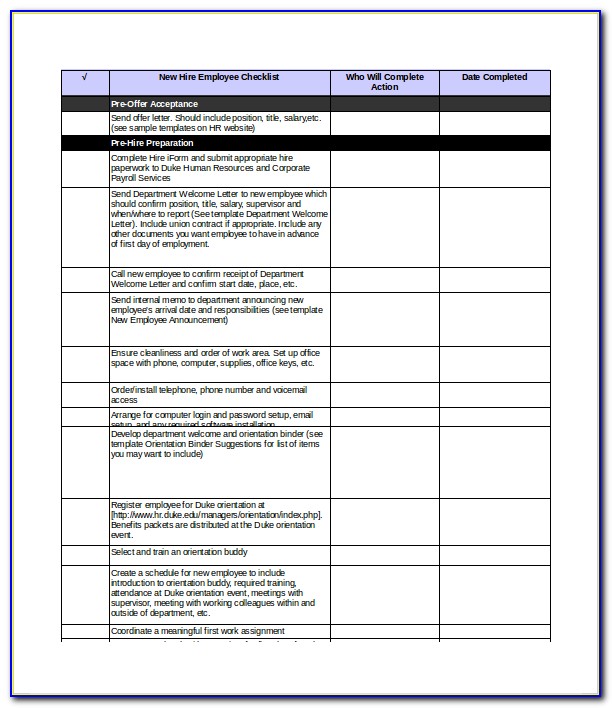 New Hire Orientation Checklist Form