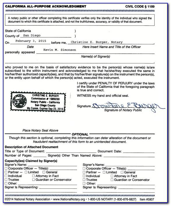 Notary Public Acknowledgement Form California