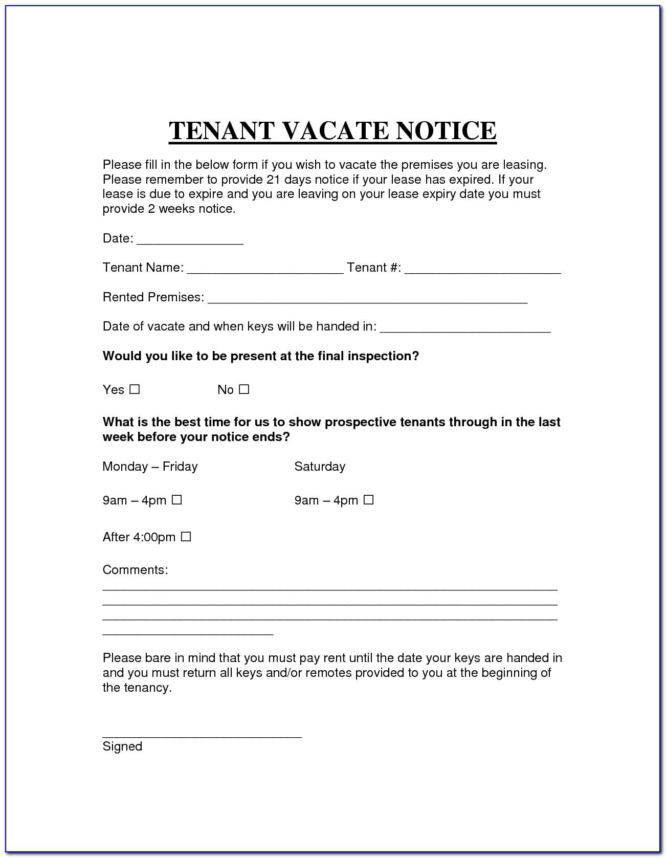 Notice To Vacate Premises By Landlord Template