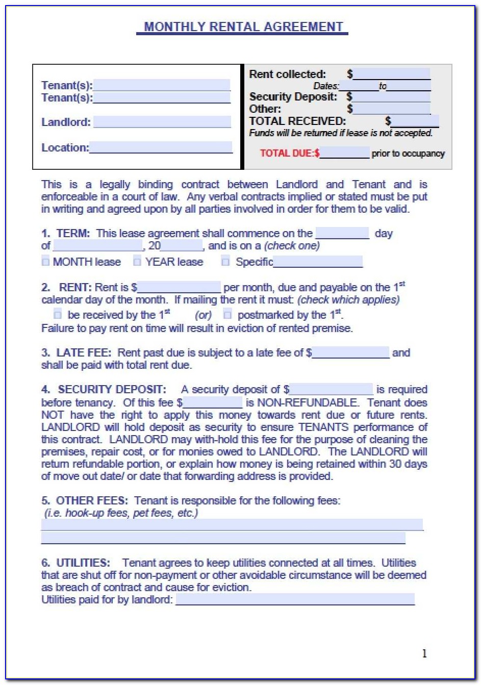 Texas Month To Month Rental Agreement Form