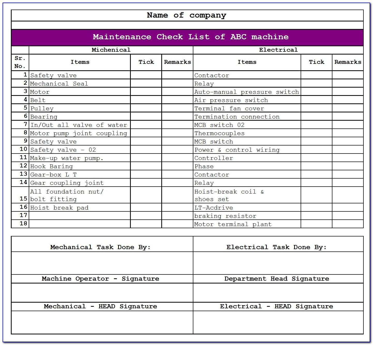 Machine Preventive Maintenance Checklist Template Excel