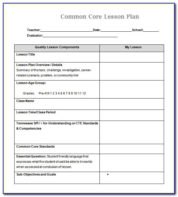 Common Core Standards California Lesson Plan Template