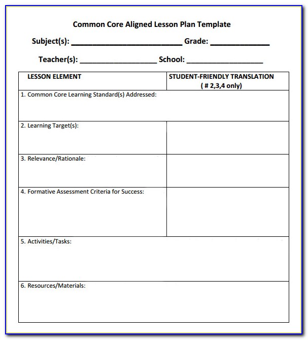 Common Core Standards Lesson Plan Template For First Grade