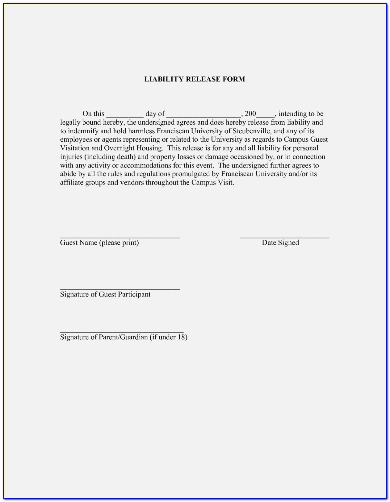 Homeowner Liability Waiver Release Form
