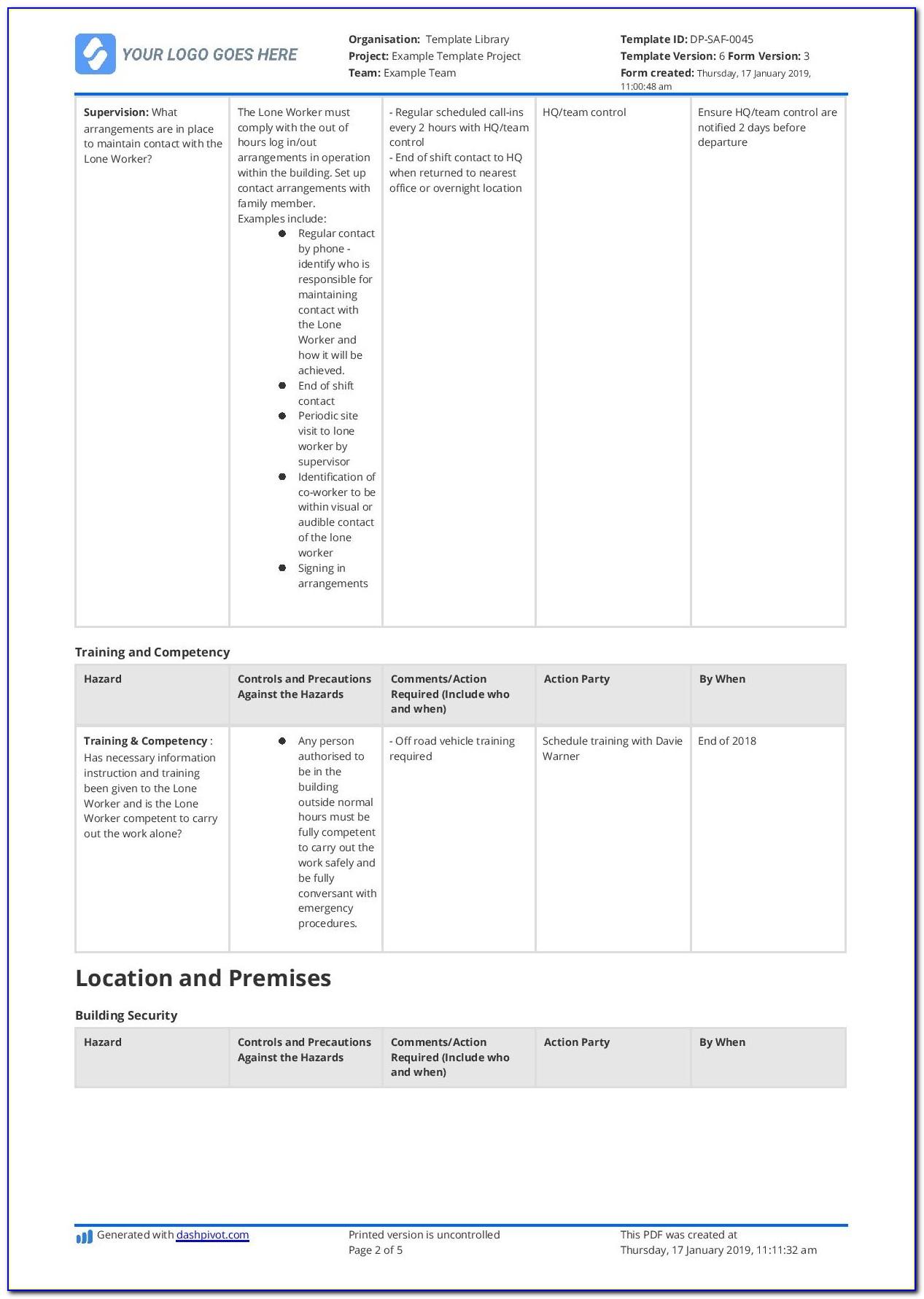 Hse Lone Worker Risk Assessment Template