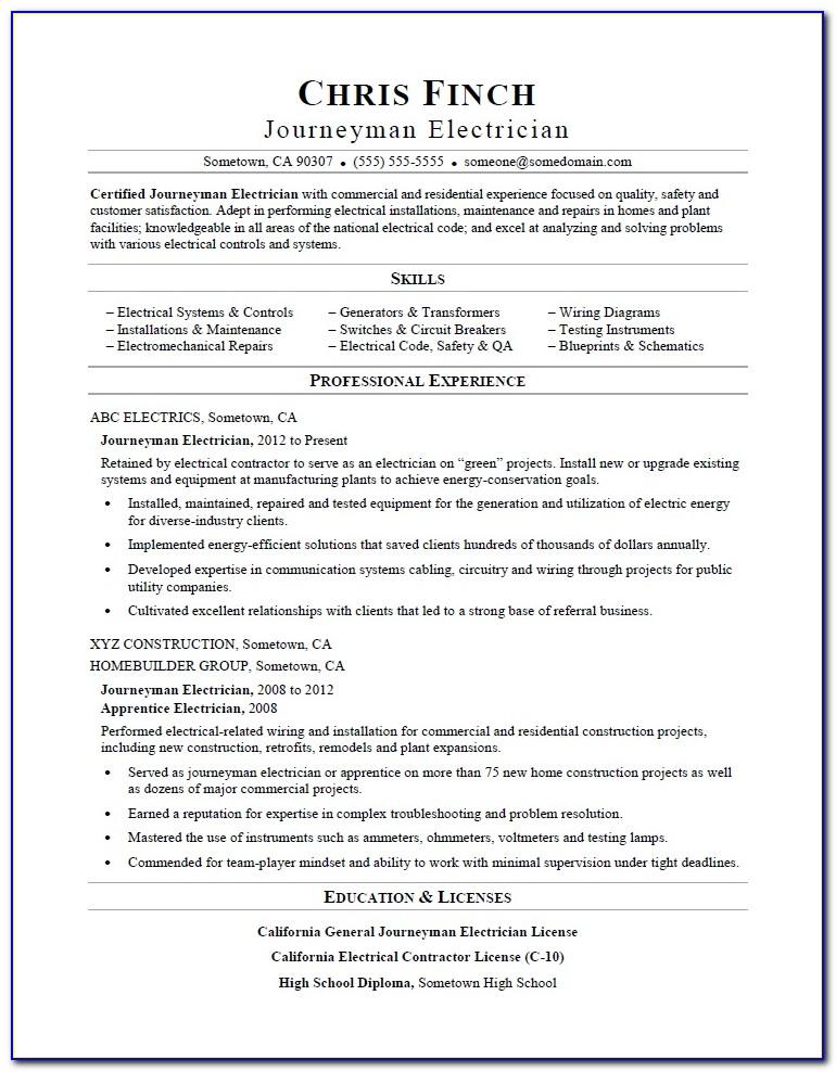 Journeyman Residential Electrician Resume Examples