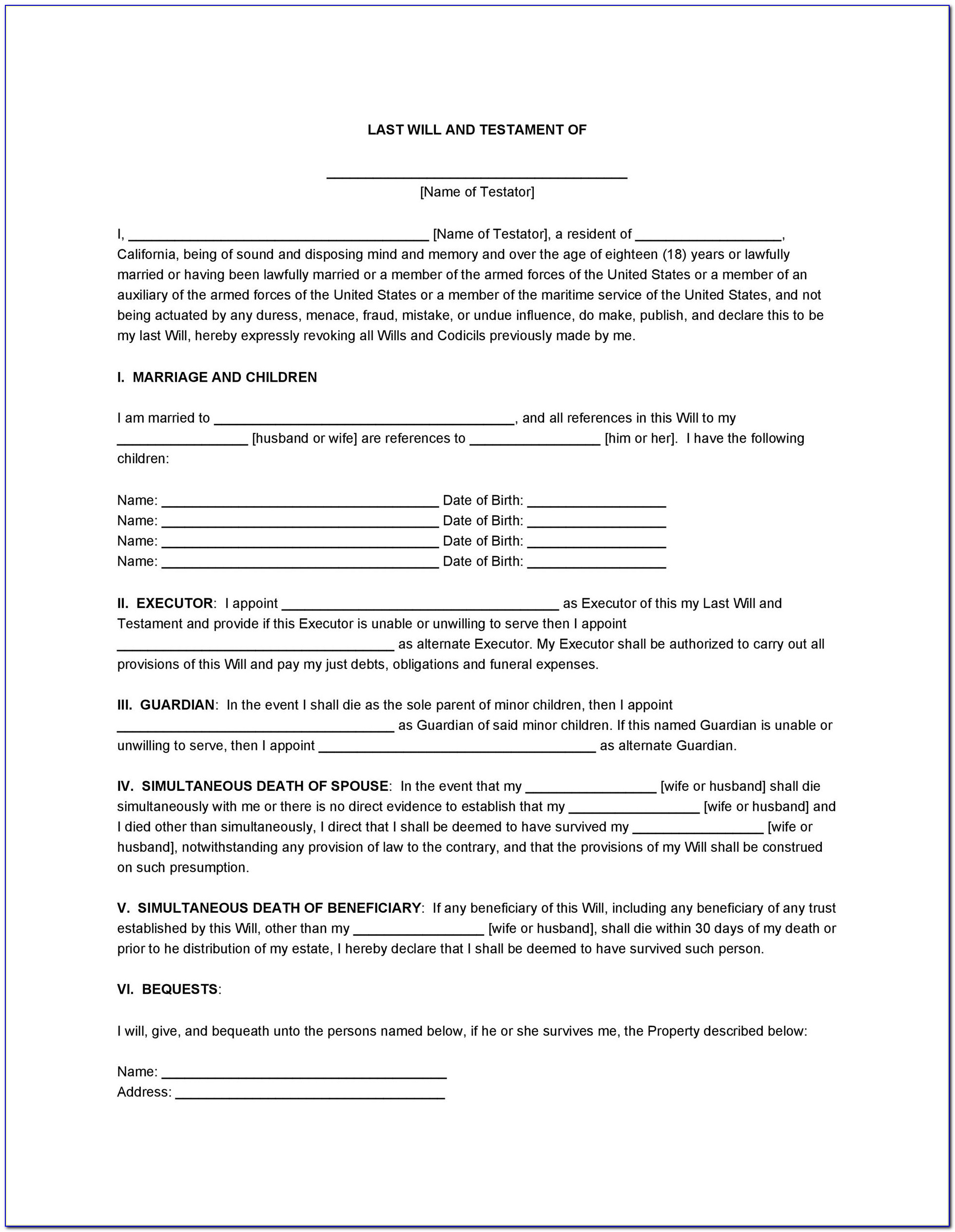 Last Will And Testament Template Texas Free