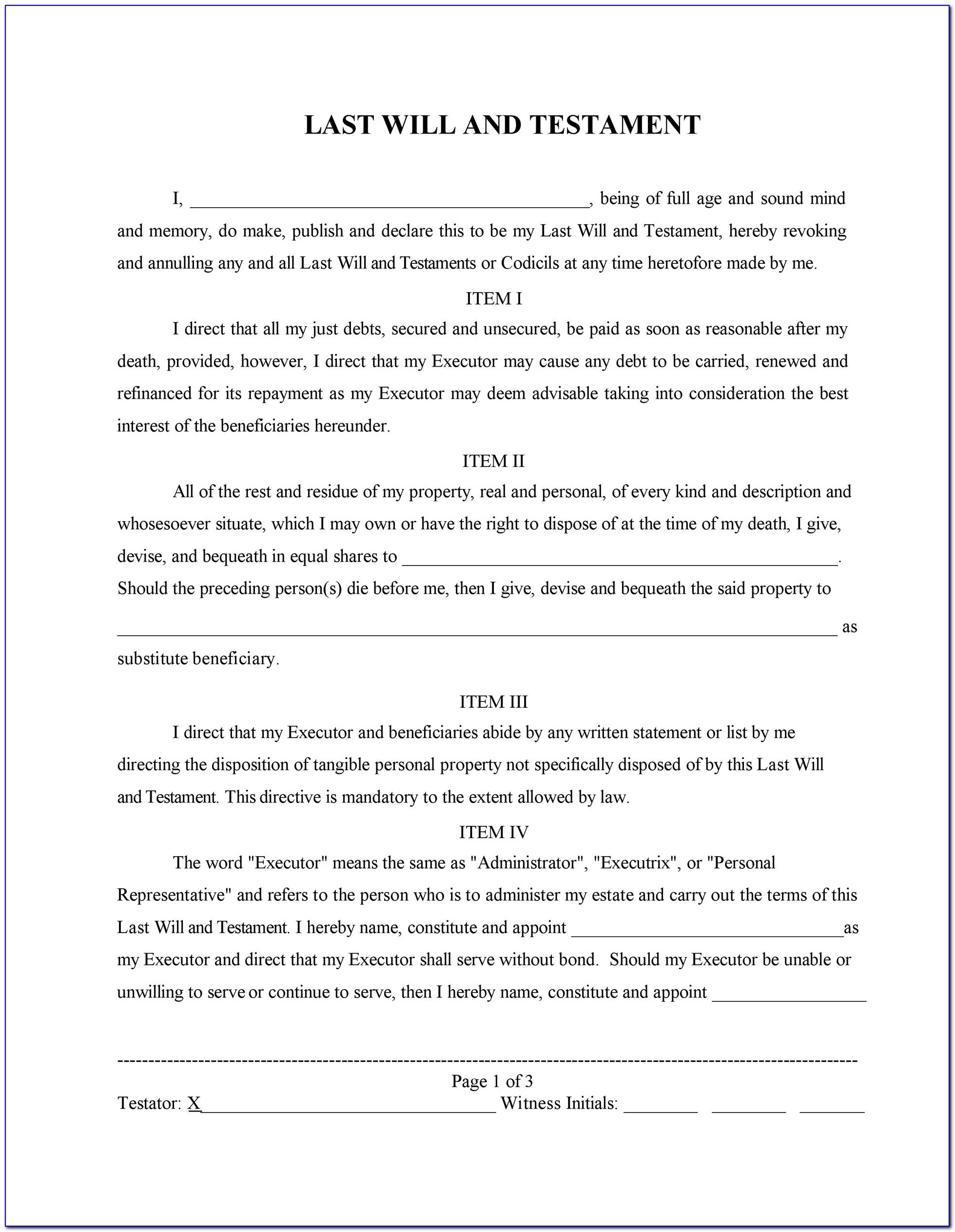 Last Will And Testament Word Template South Africa