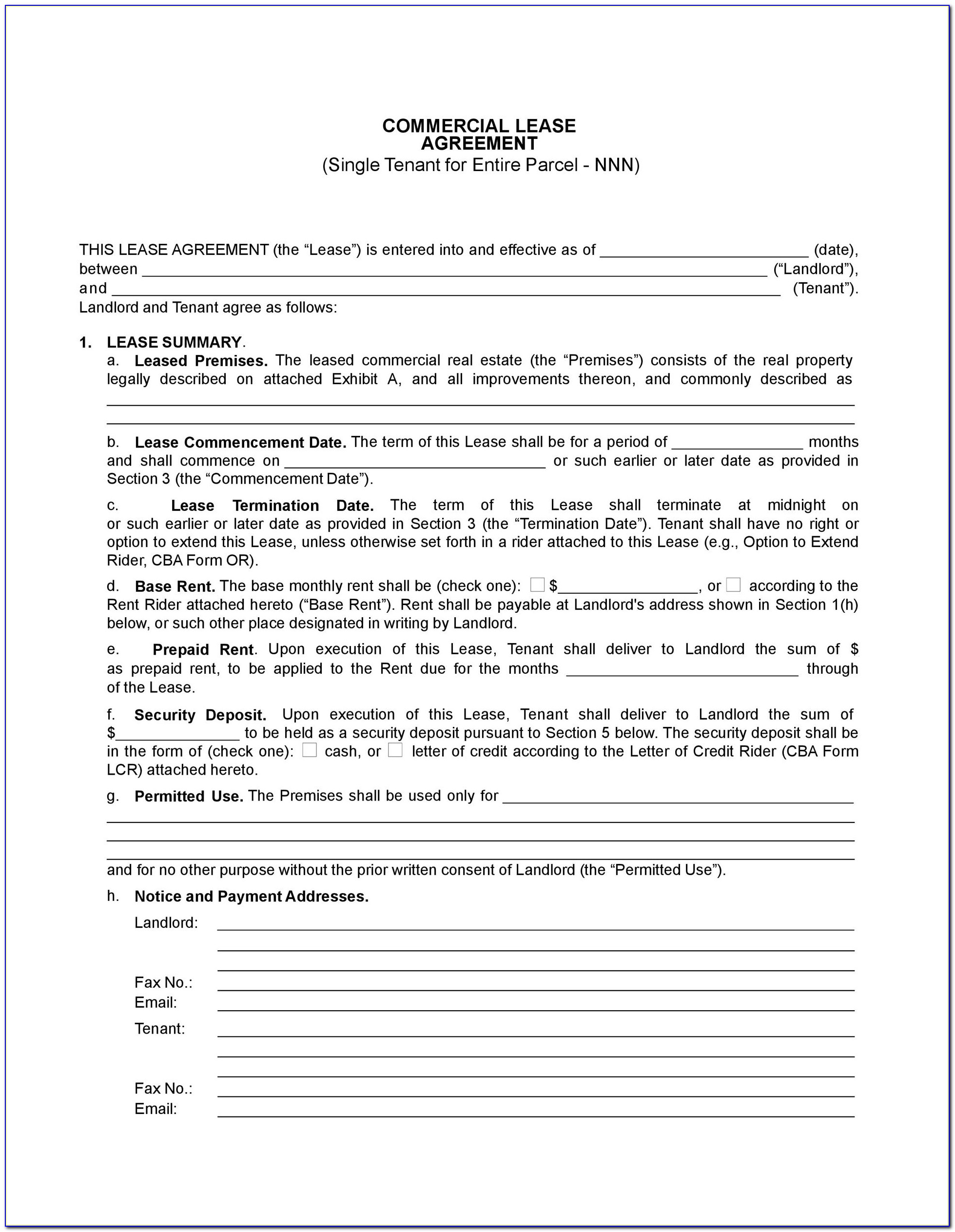 Lease Agreement Commercial Property Free Template