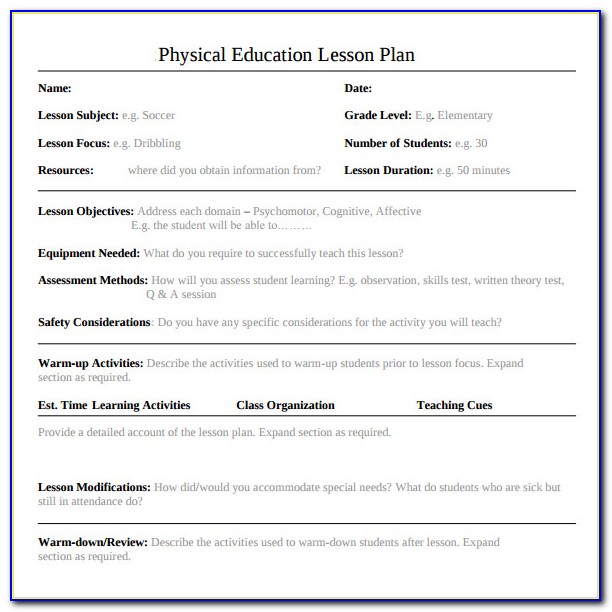 Lesson Plan Objectives For Physical Education