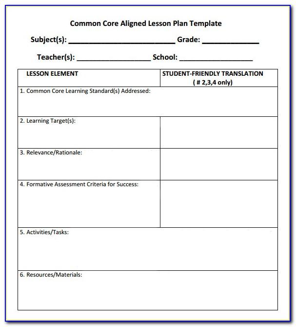 Lesson Plan Template For Math Common Core Standards