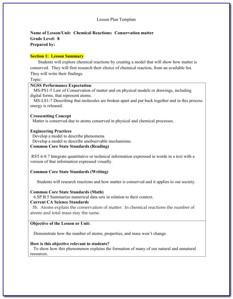Lesson Plan Template For Middle School Reading