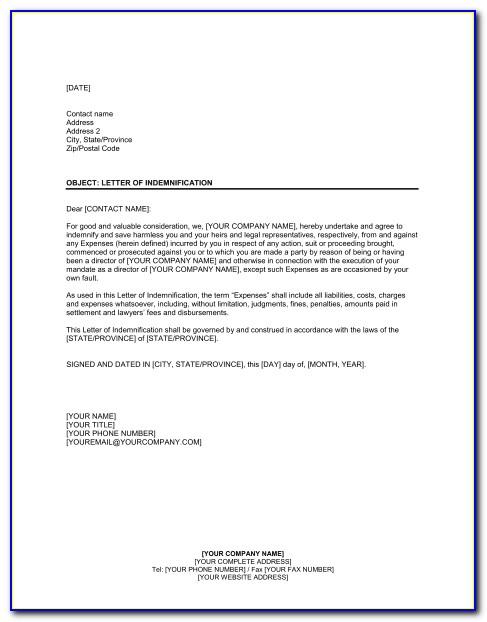 Letter Of Indemnification Template