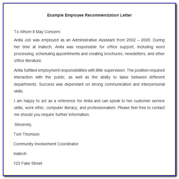 Letter Of Recommendation Template For Employment