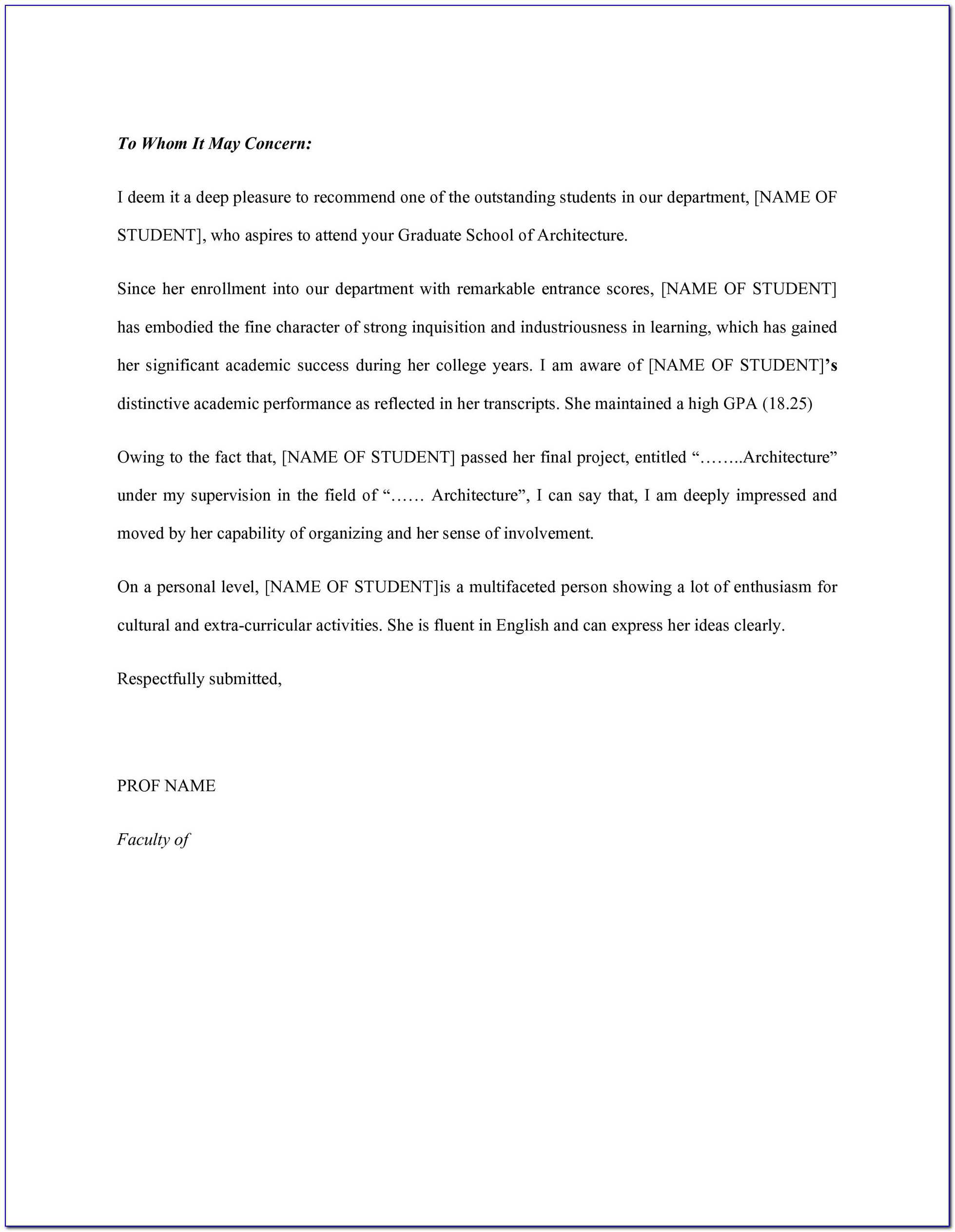 Letter Of Recommendation Template For Student Pdf