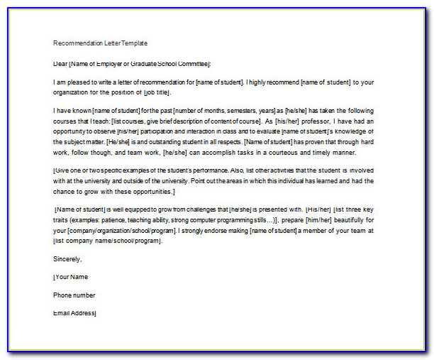 Letter Of Recommendation Template For Student Teacher