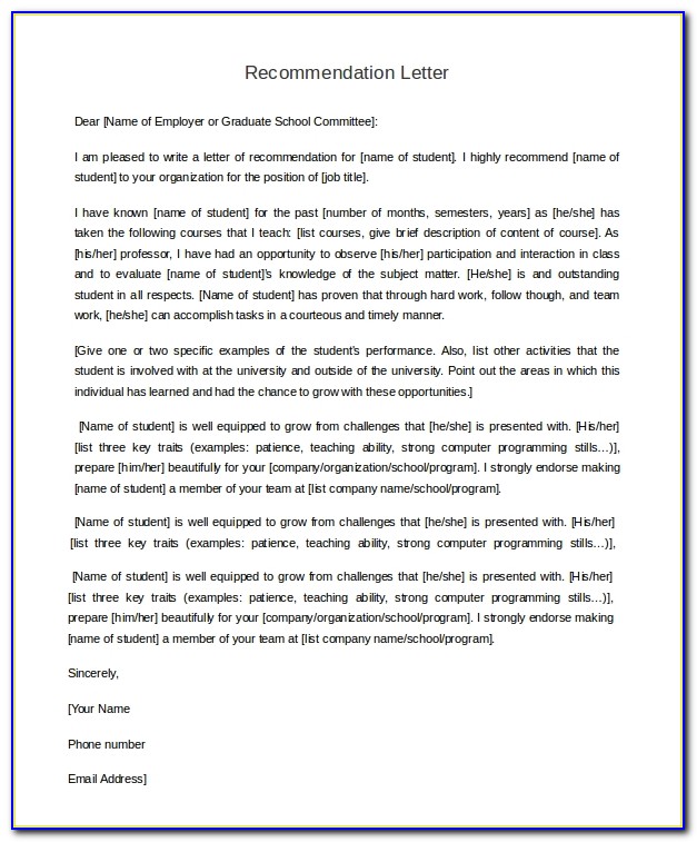 Letter Of Recommendation Template For Students