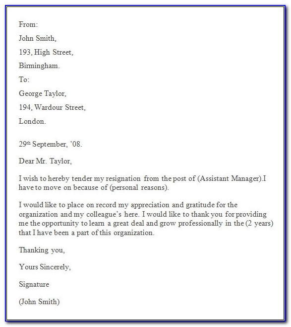 Letter Of Resignation Format Word