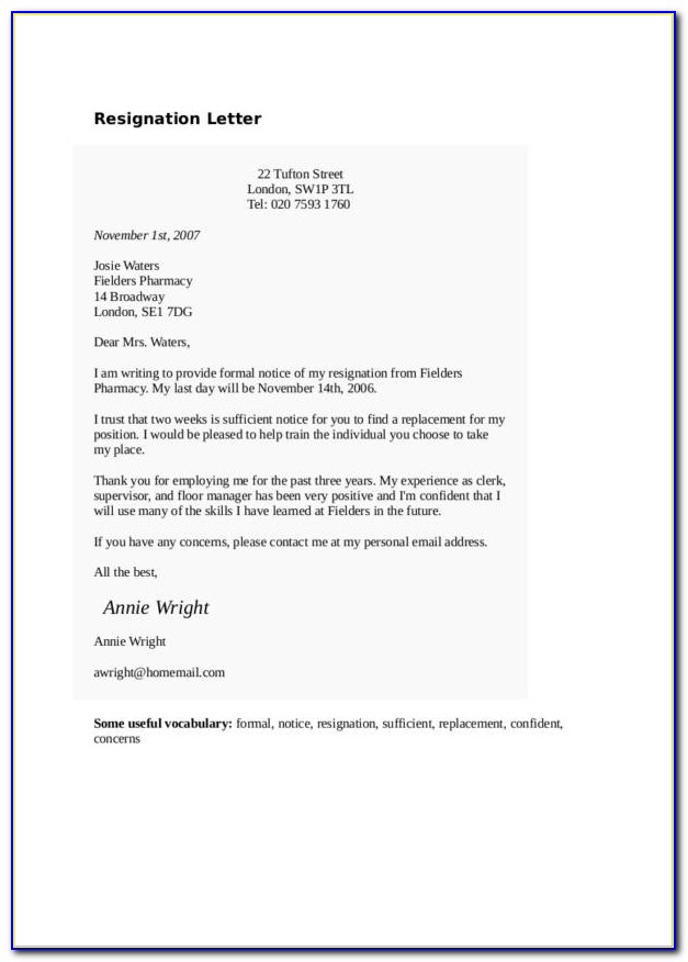 Letter Of Resignation Free Samples Templates