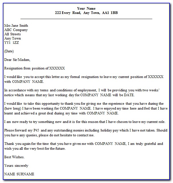 Letter Of Resignation Sample Two Weeks Notice