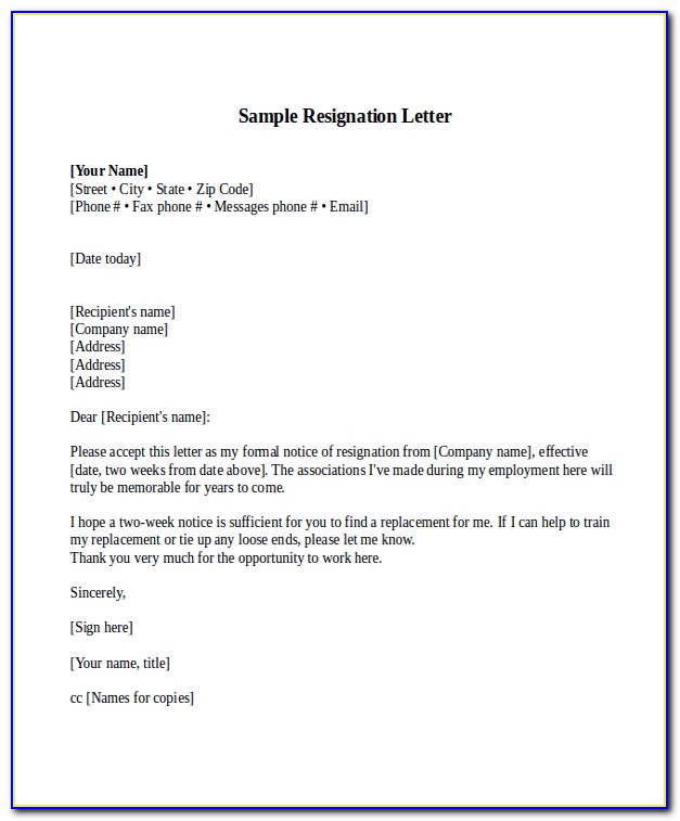 Letter Of Resignation Template 2 Weeks Notice