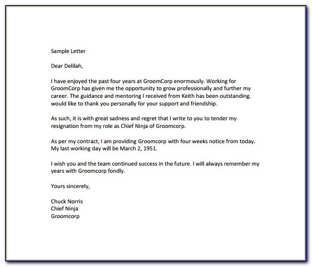 Letter Of Resignation Template 4 Weeks Notice