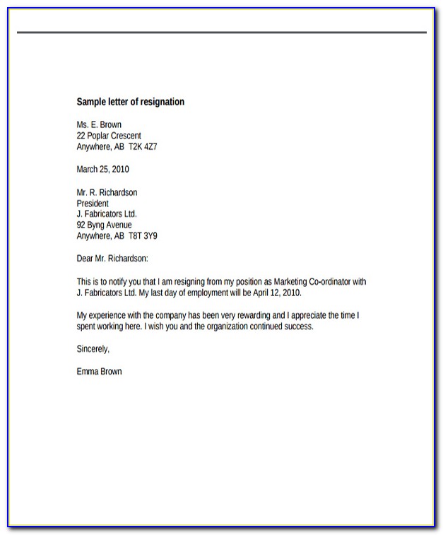 Letter Of Resignation Template Download