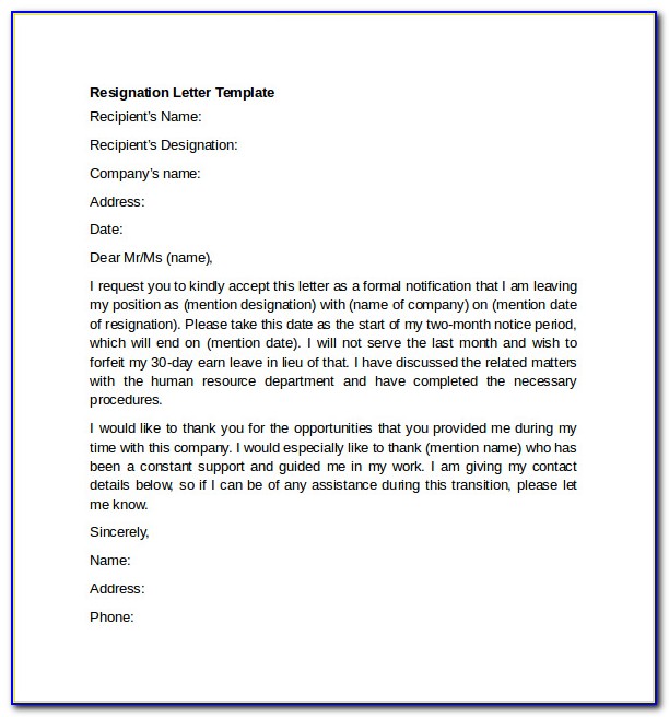 Letter Of Resignation Template Pdf Free