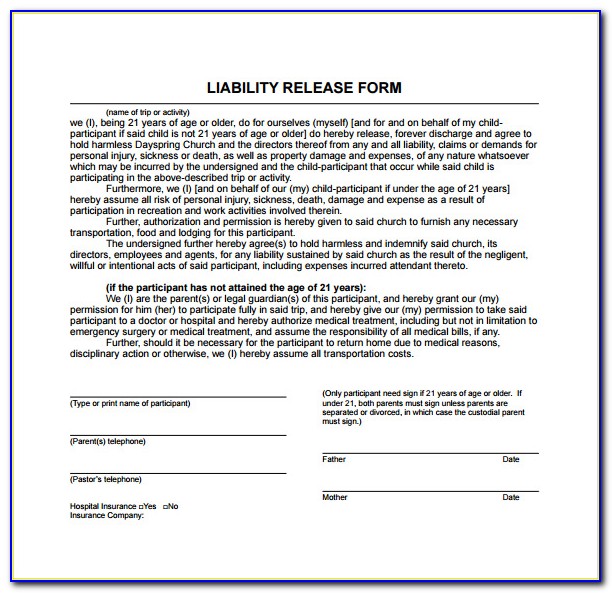 Liability Release Form Template Car Accident
