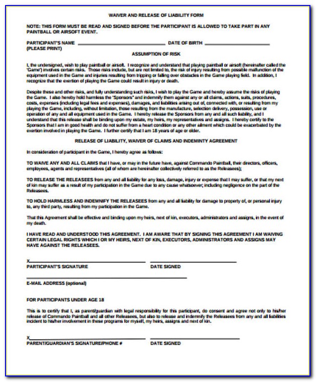 Liability Waiver Form Sample