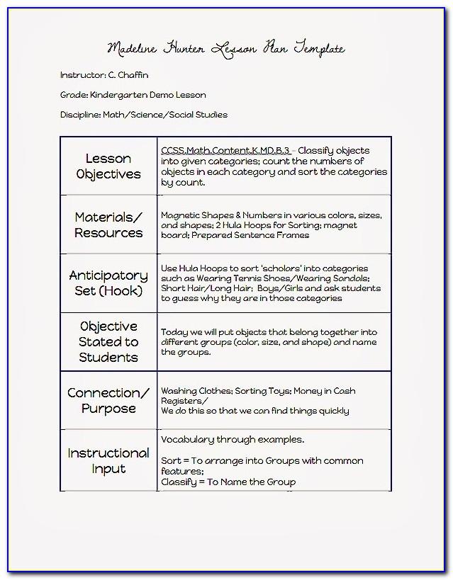 Madeline Hunter Lesson Plan Template Free
