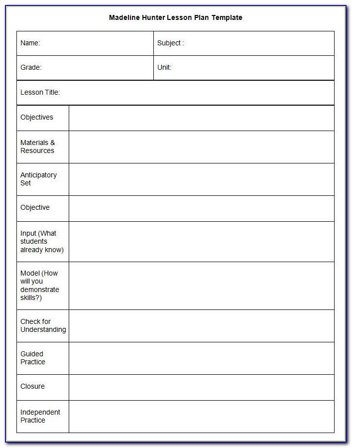 Madeline Hunter Lesson Plan Template Word Document