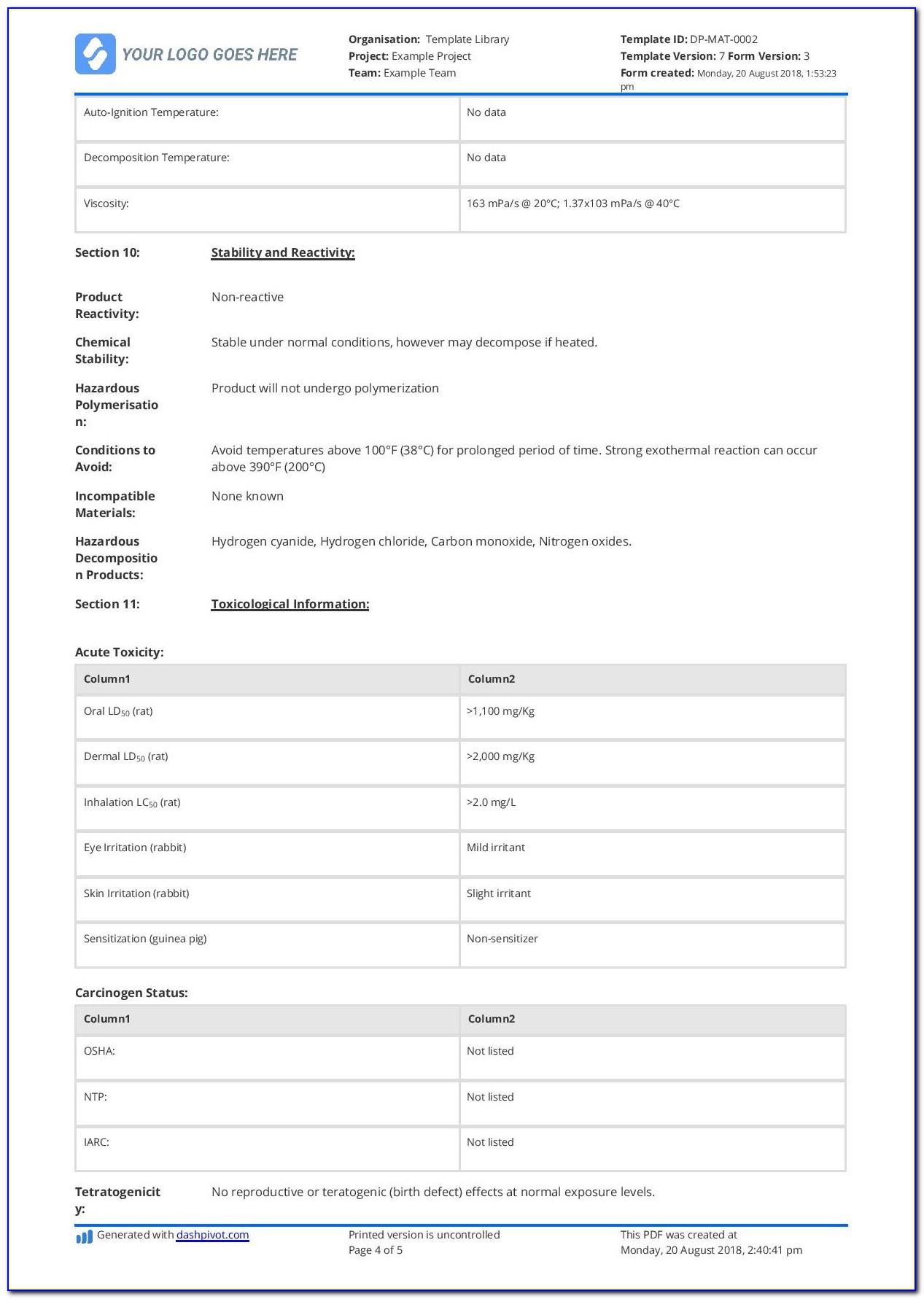 Material Safety Data Sheet Template Australia