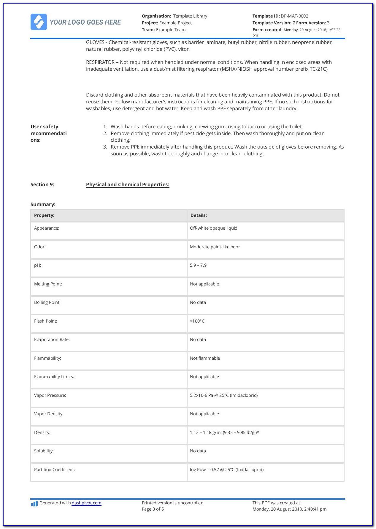 Material Safety Data Sheet Template For Construction