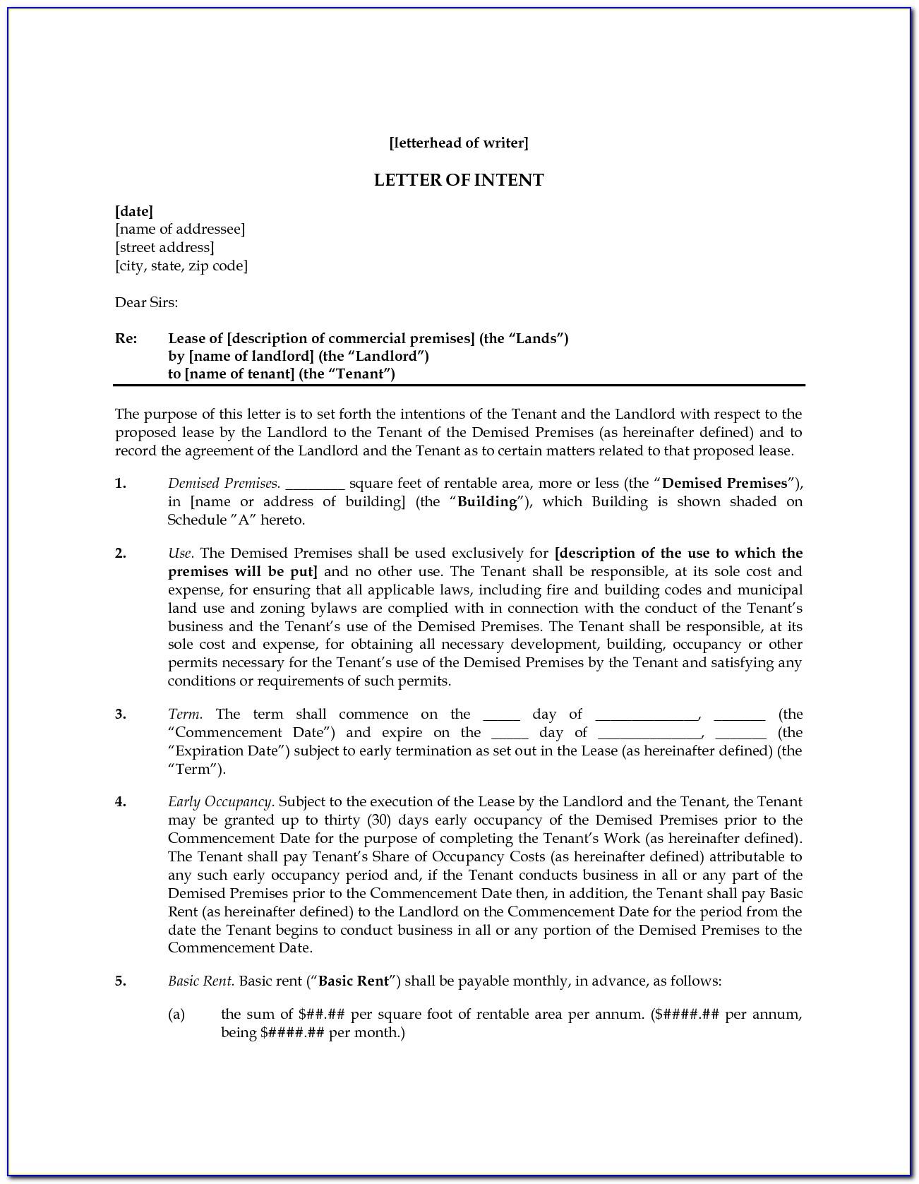 Sample Letter Of Intent To Lease Commercial Retail Space