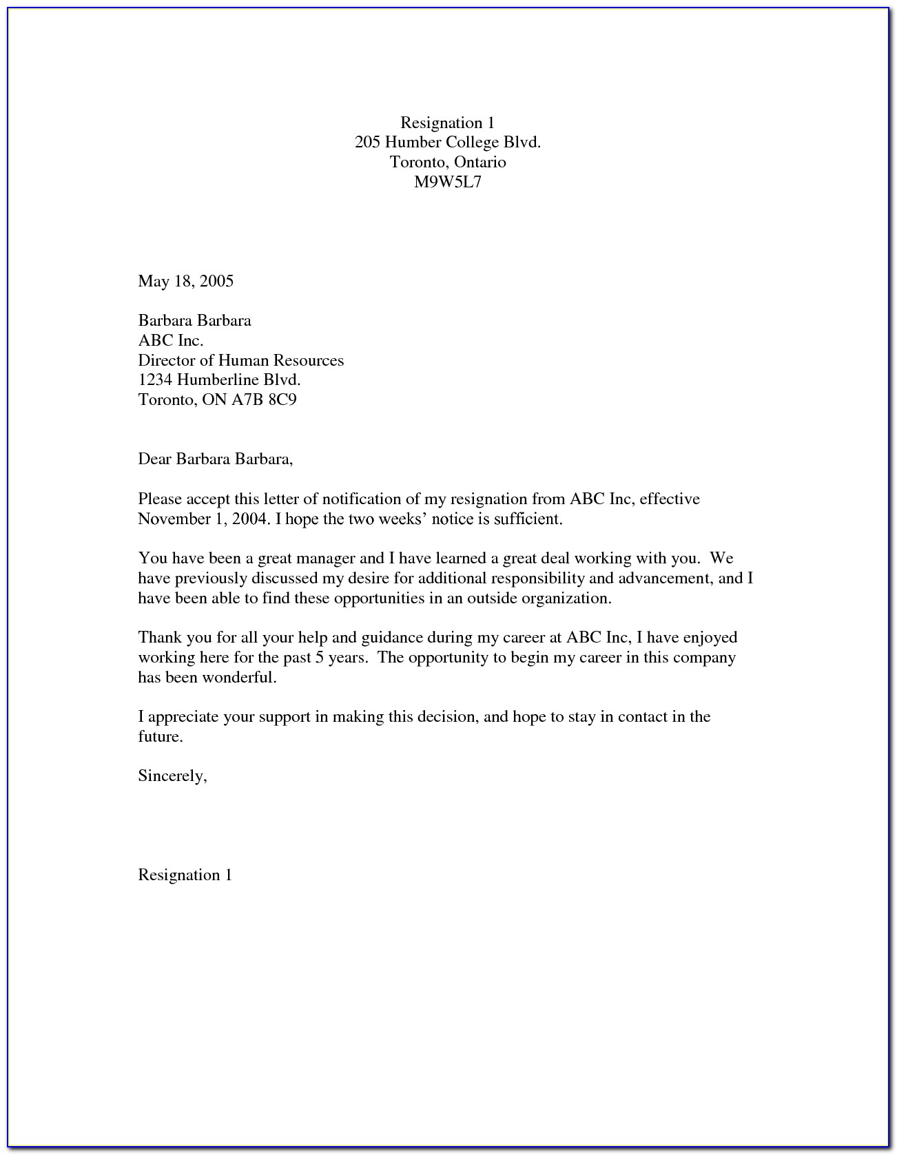 Sample Letter Of Resignation Sample 2 Weeks Notice