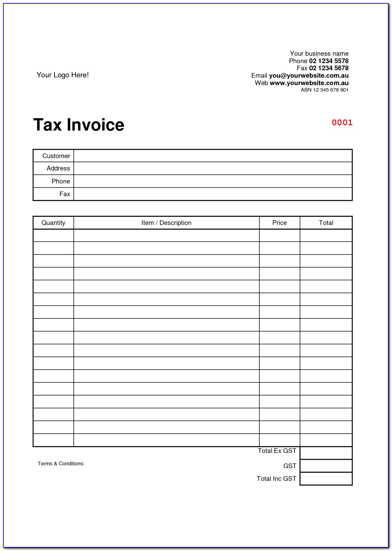 Australian Invoice Template Excel Free