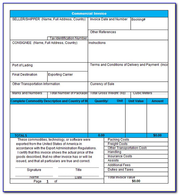 Commercial Invoice Template Excel Free Download