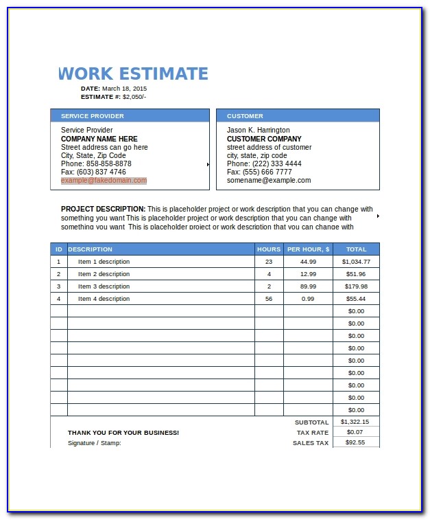 Construction Job Estimate Template Excel