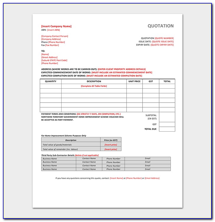 Construction Quote Template Pdf